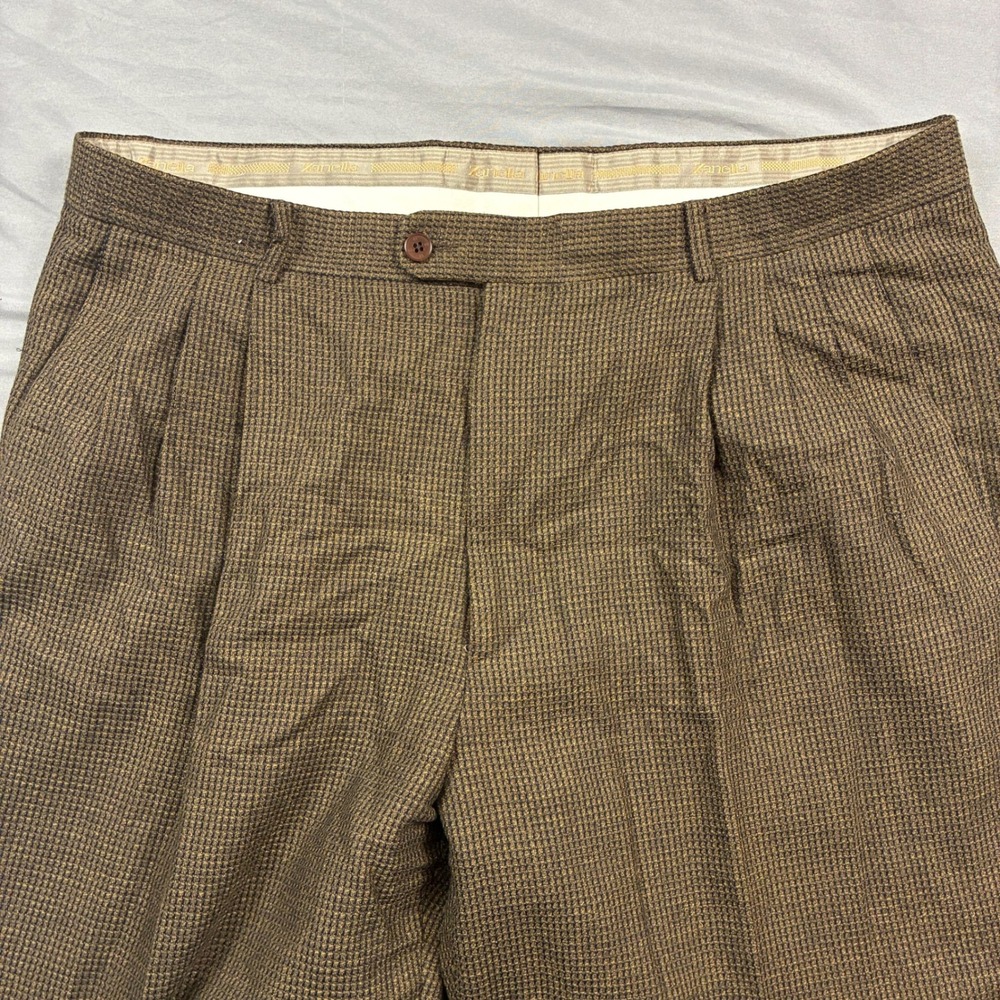 Zanella Dress Trousers Wool 38 Brown Textured Pleated Cuffed Wool Pants Slacks